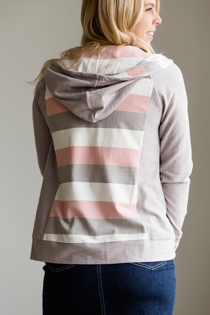 Striped Back Zip Up Hooded Sweatshirt - FINAL SALE Tops