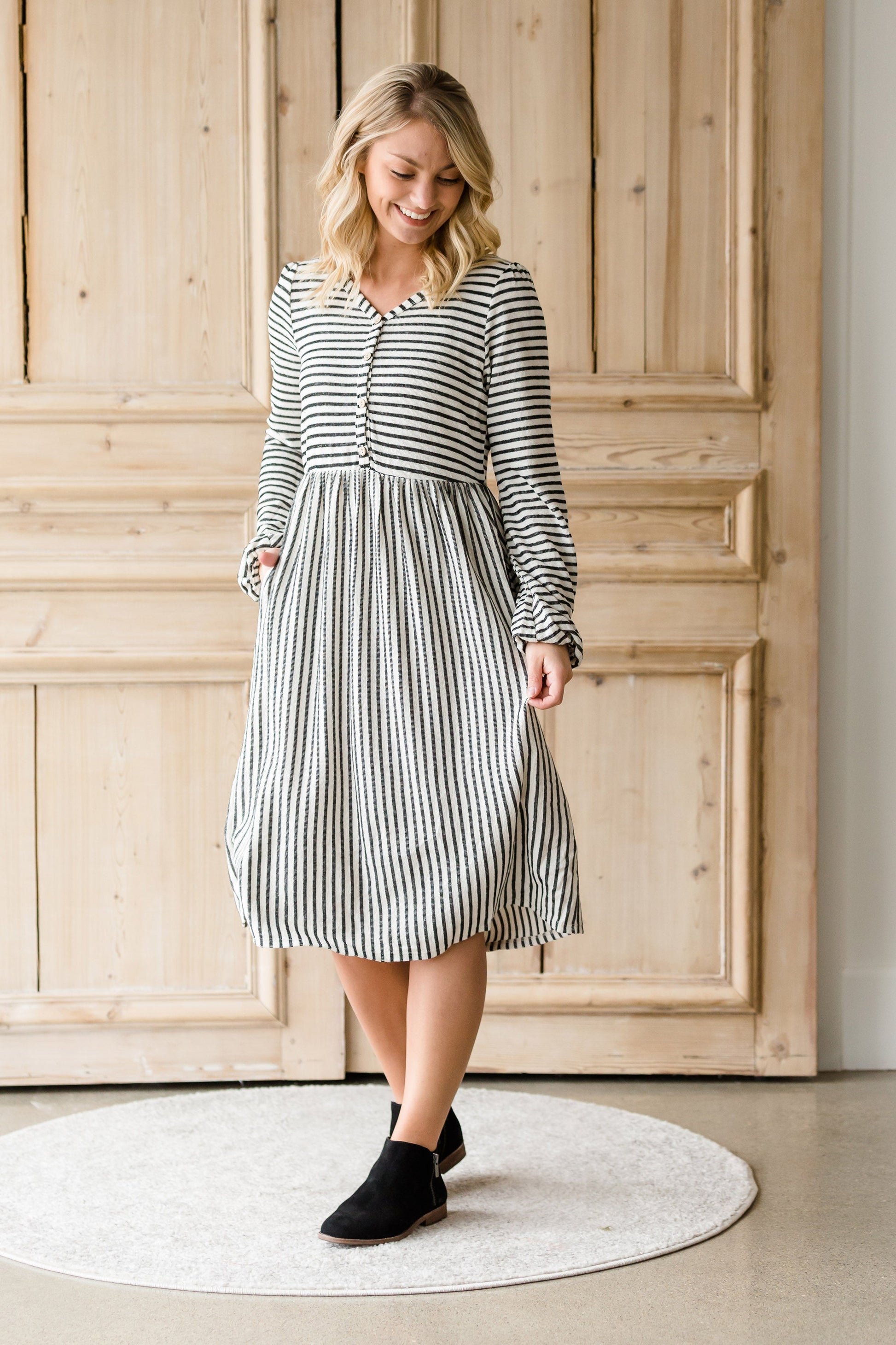 Striped Balloon Sleeve Midi Dress - FINAL SALE Dresses