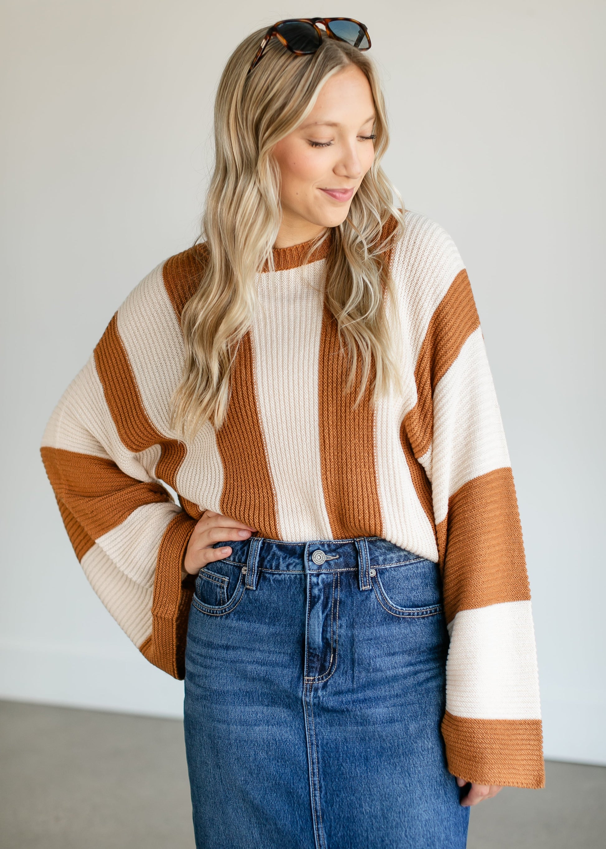 Striped Bell Sleeve Knit Sweater FF Tops