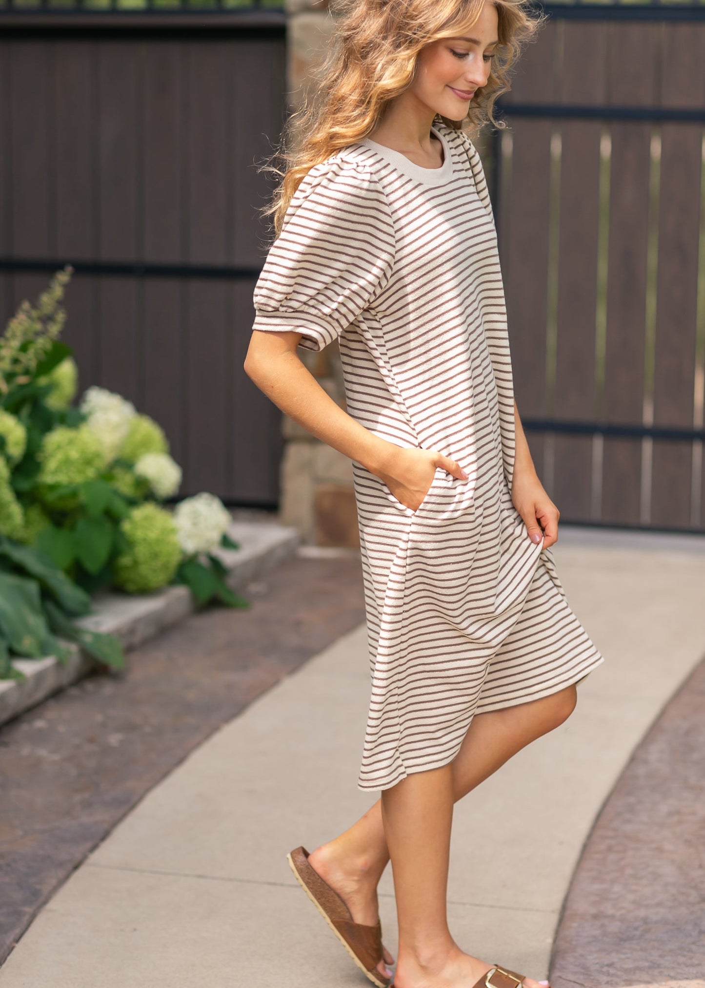 Striped Bubble Sleeve Midi Dress FF Dresses