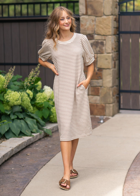 Striped Bubble Sleeve Midi Dress FF Dresses