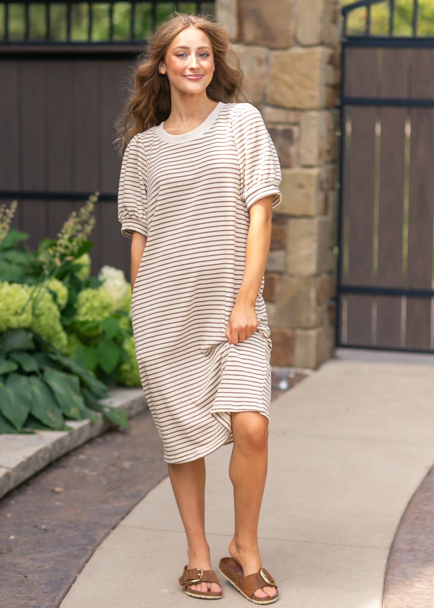 Striped Bubble Sleeve Midi Dress FF Dresses