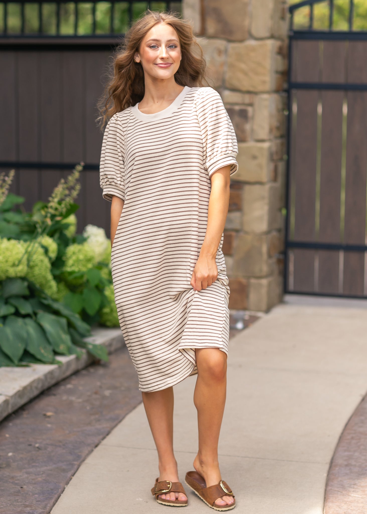 Striped Bubble Sleeve Midi Dress FF Dresses
