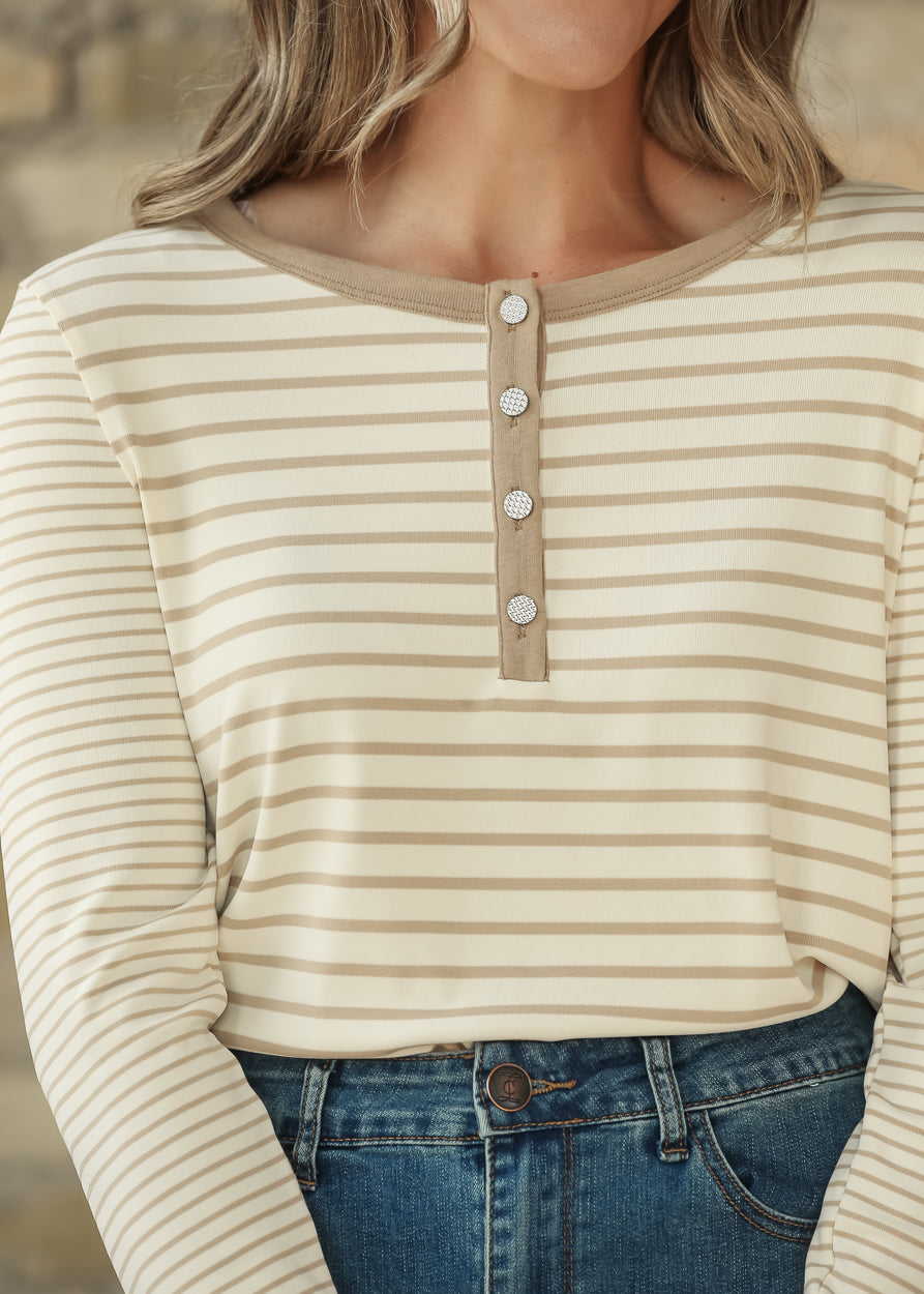 Striped Contrast Henley Long Sleeve Top FF Tops