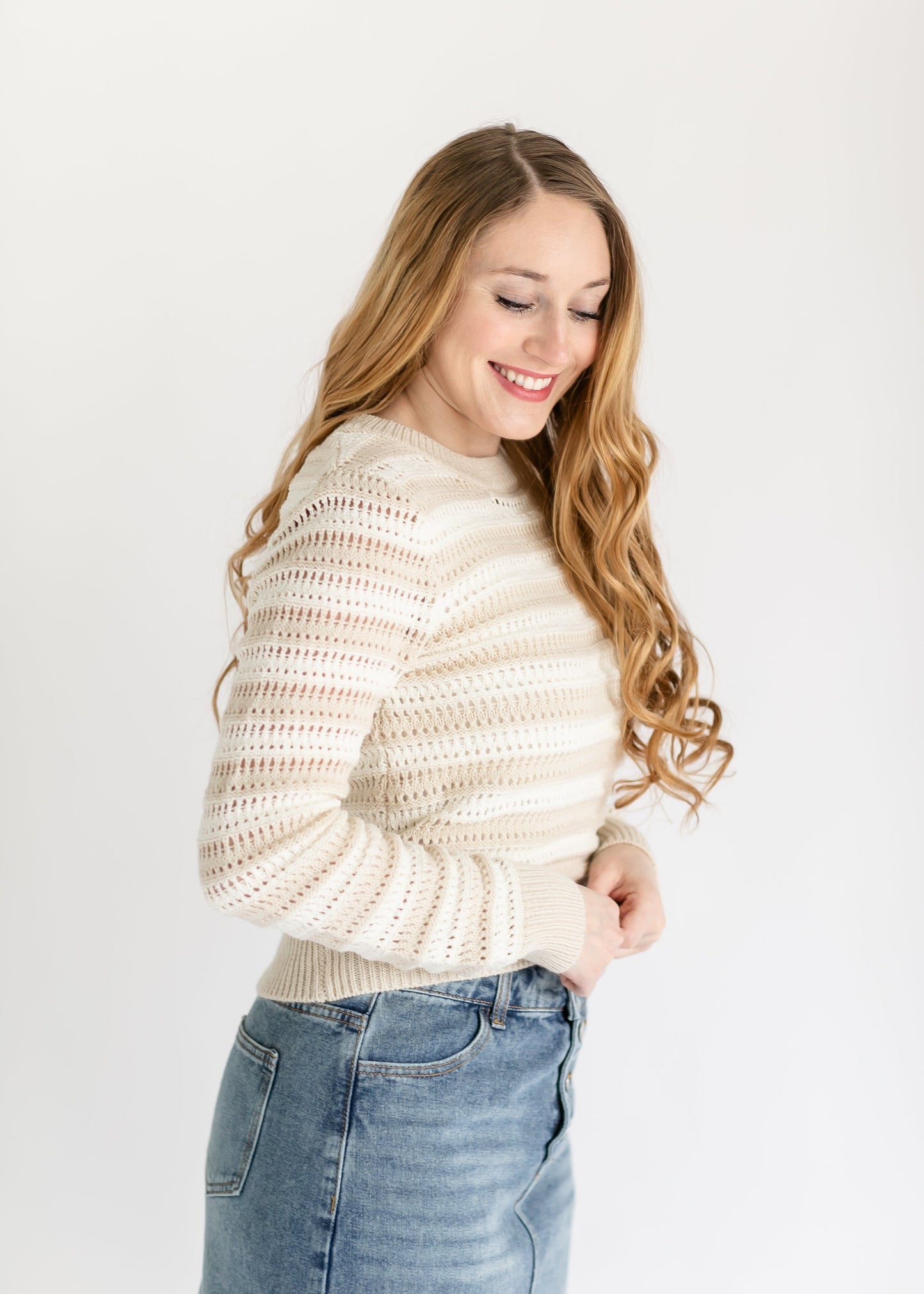 Striped Crewneck Knit Sweater FF Tops