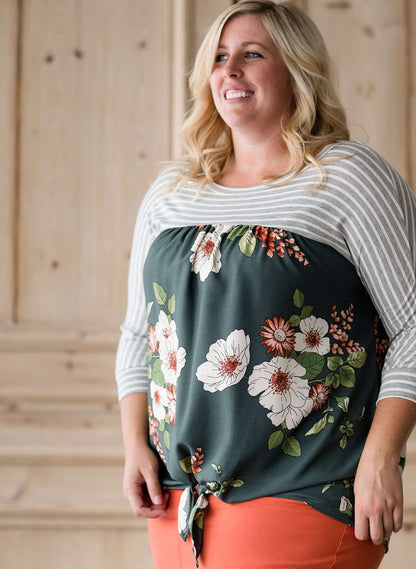 Striped Floral Mix Top - FINAL SALE Tops Olive / 1XL