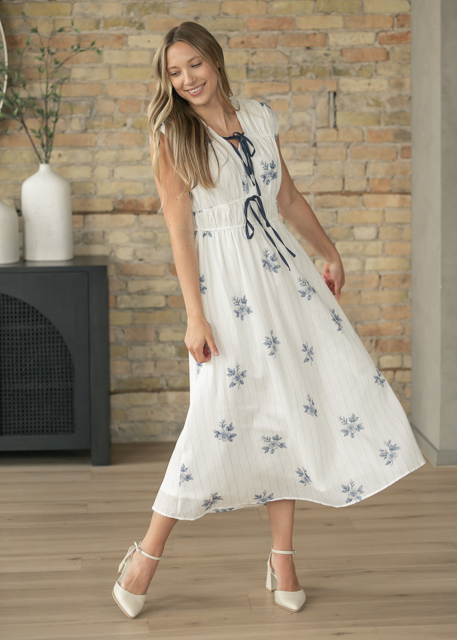 Striped Floral Print Midi Dress FF Dresses