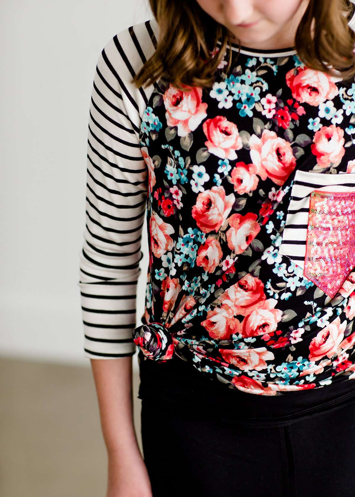 Striped Floral Sequin Pocket Tee - FINAL SALE Tops
