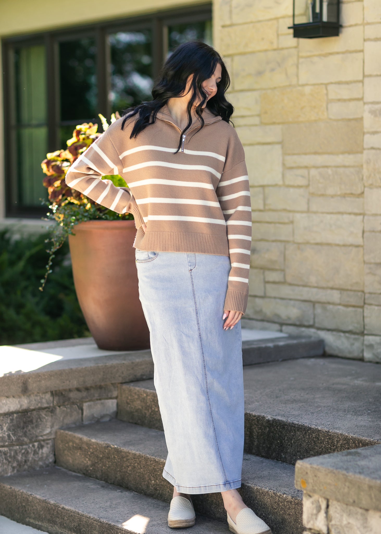 Striped Half Zip Sweater FF Tops
