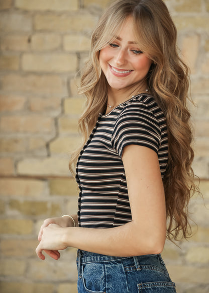 Striped Knit Button Up Short Sleeve Cardigan FF Layering Essentials
