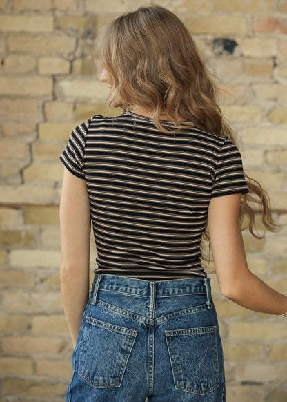 Striped Knit Button Up Short Sleeve Cardigan FF Layering Essentials