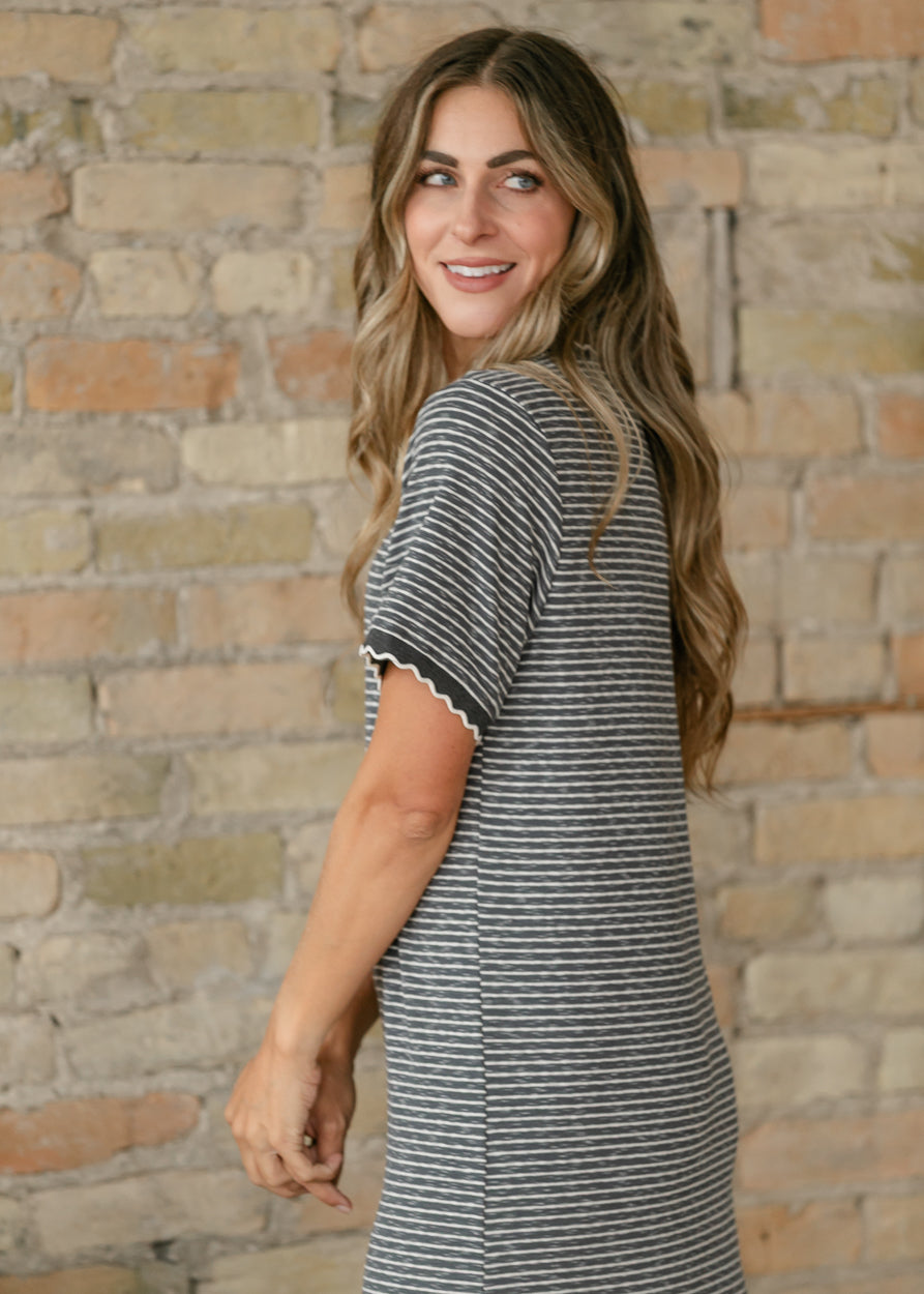 Striped Knit Scallop Edge T-Shirt Maxi Dress FF Dresses