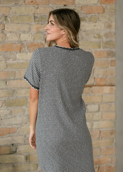 Striped Knit Scallop Edge T-Shirt Midi Dress FF Dresses