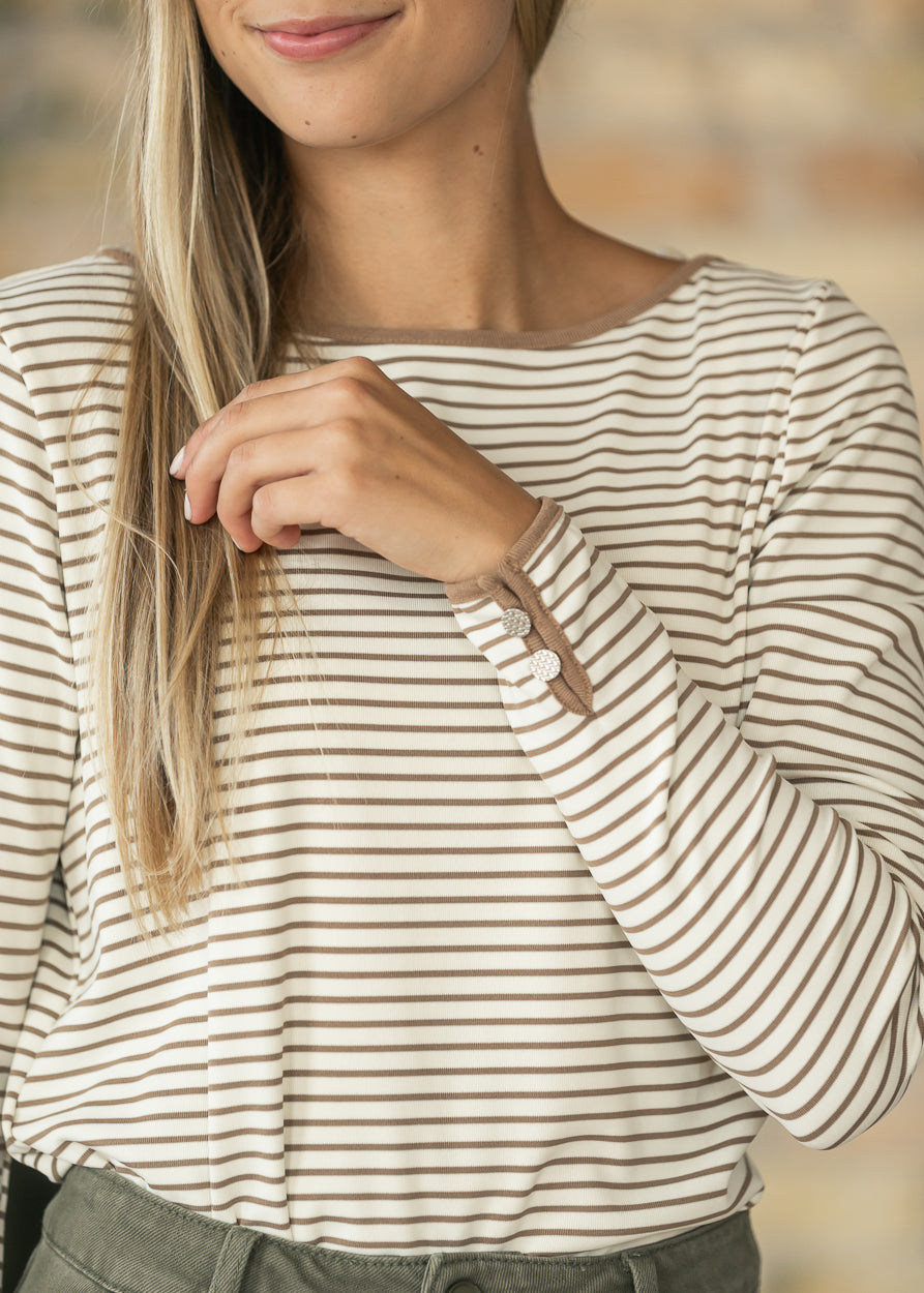 Striped Long Sleeve Boat Neck Top FF Tops