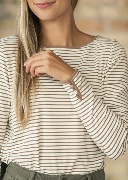 Striped Long Sleeve Boat Neck Top FF Tops