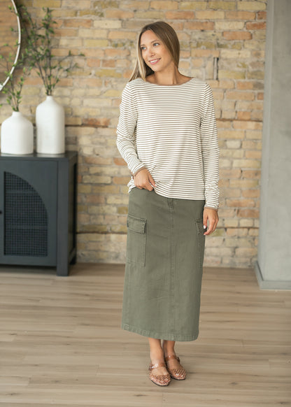Striped Long Sleeve Boat Neck Top FF Tops