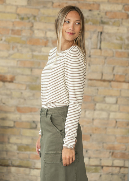 Striped Long Sleeve Boat Neck Top FF Tops