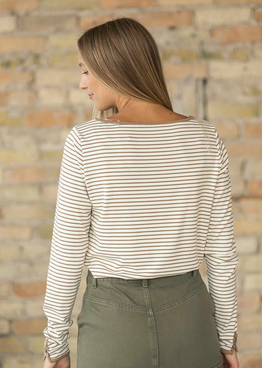 Striped Long Sleeve Boat Neck Top FF Tops