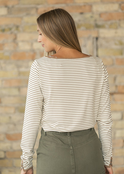Striped Long Sleeve Boat Neck Top FF Tops