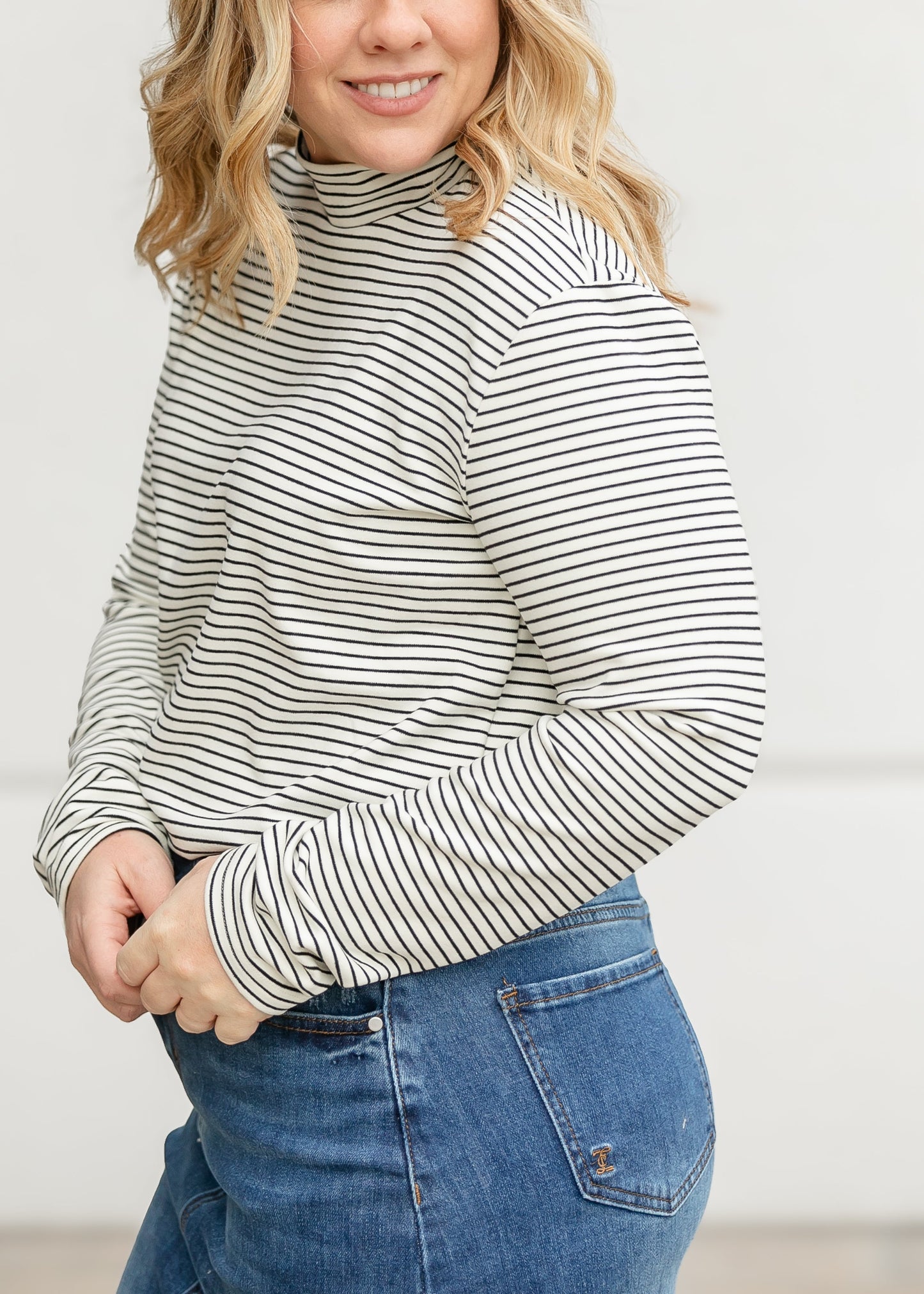 Striped Long Sleeve Mock Neck Top FF Tops