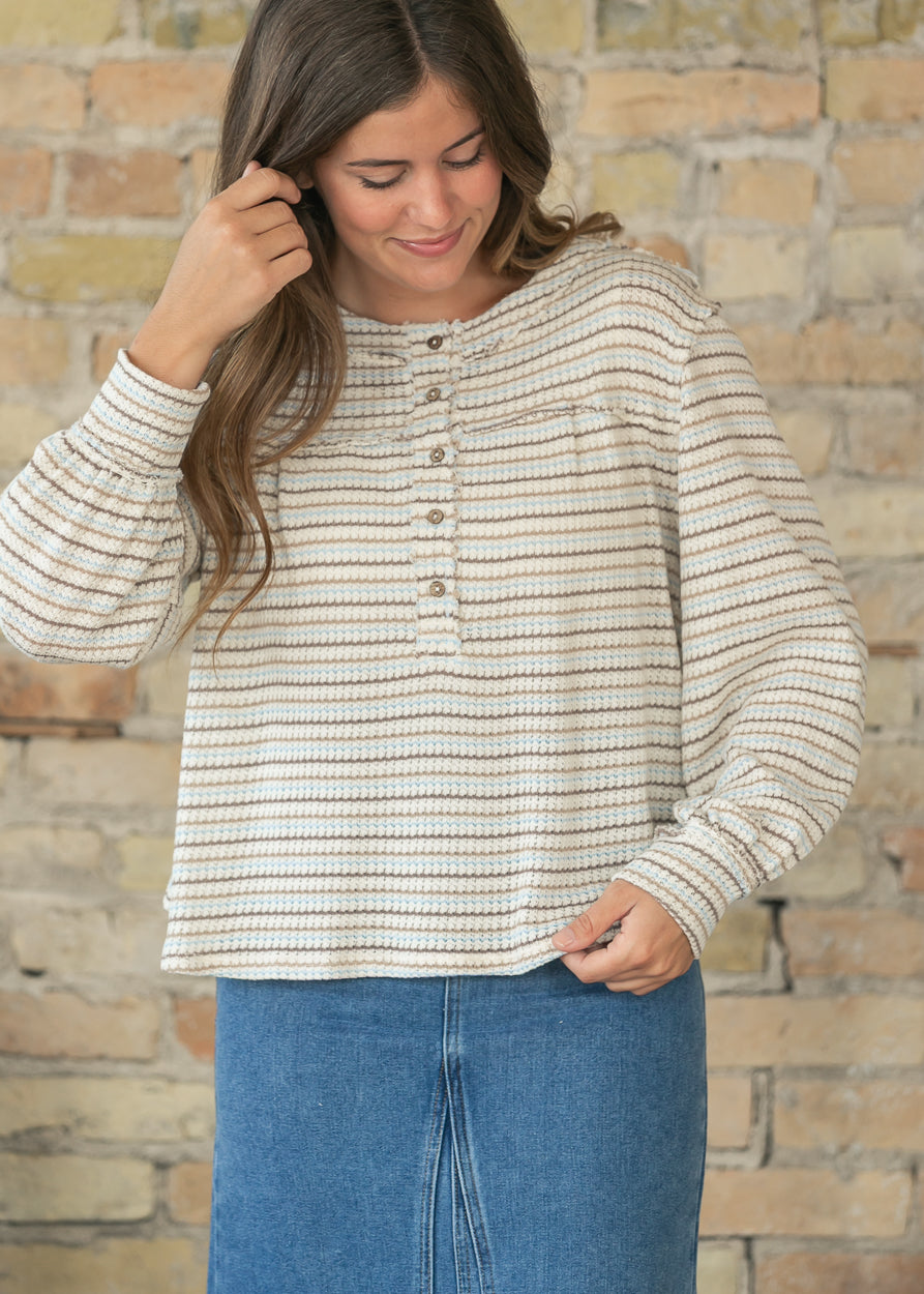 Striped Long Sleeve Yoke Detail Knit Top FF Tops
