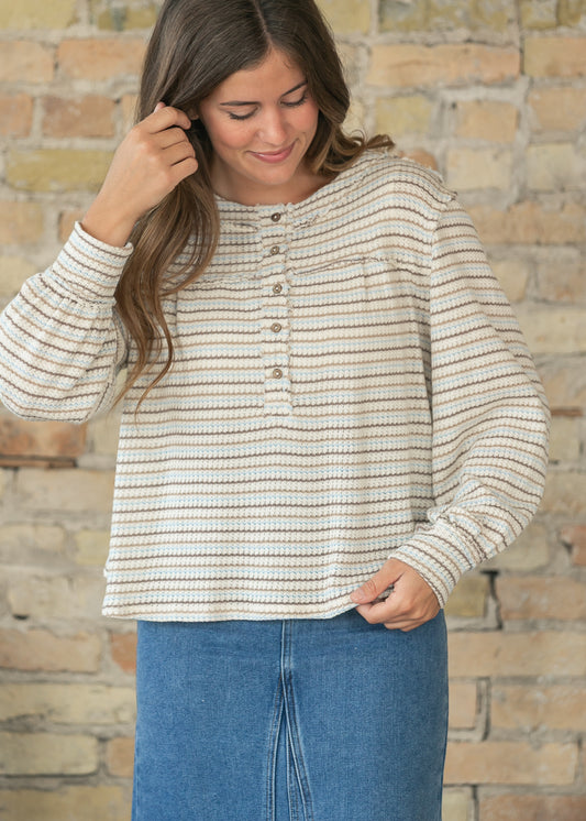 Striped Long Sleeve Yoke Detail Knit Top FF Tops