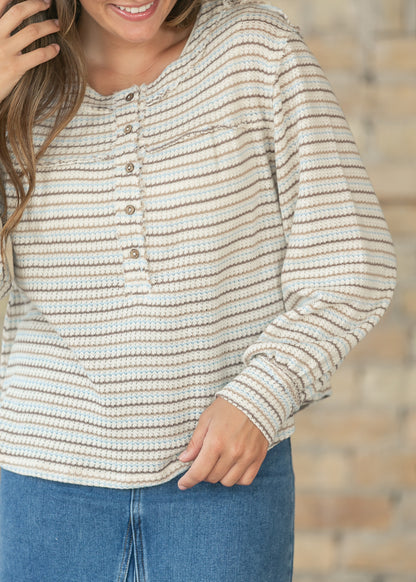 Striped Long Sleeve Yoke Detail Knit Top FF Tops