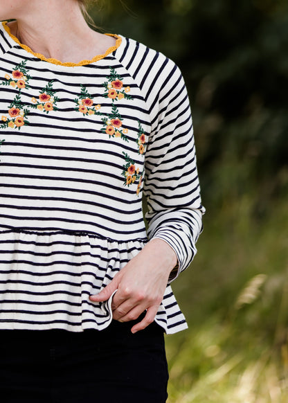 Striped Raglan Embroidered Top - FINAL SALE Tops
