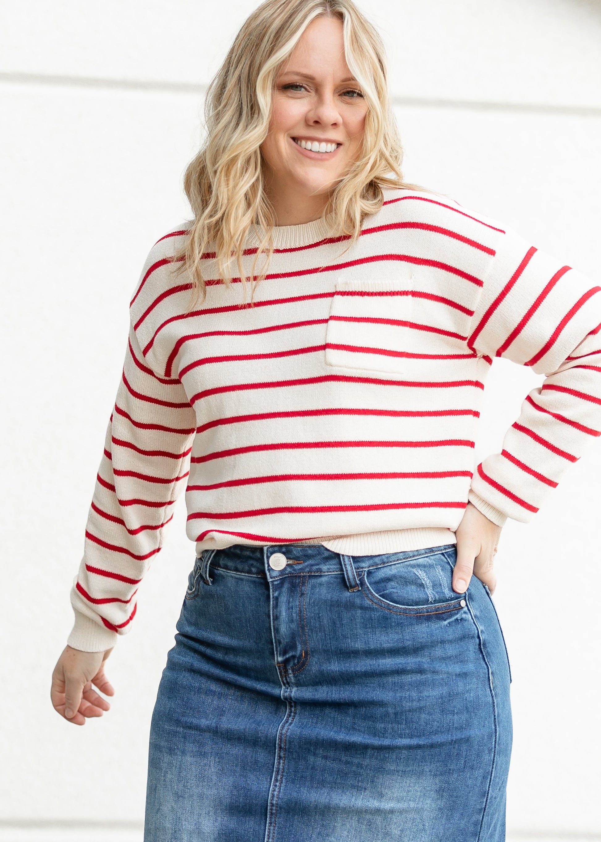 Striped Raglan Pocket Sweater FF Tops