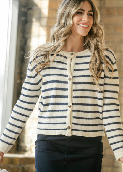 Striped Round Neck Button Cardigan FF Layering Essentials
