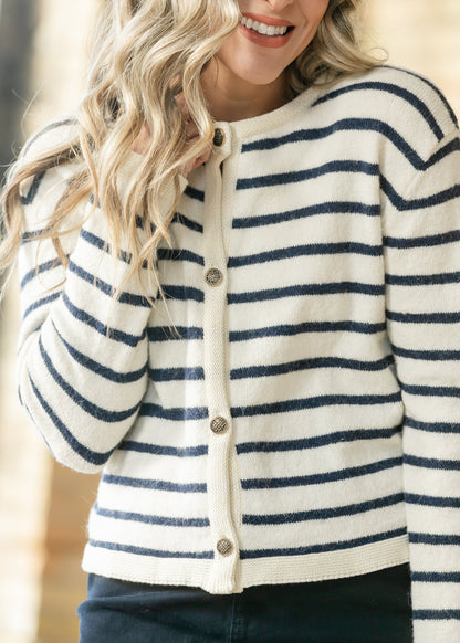 Striped Round Neck Button Cardigan FF Layering Essentials