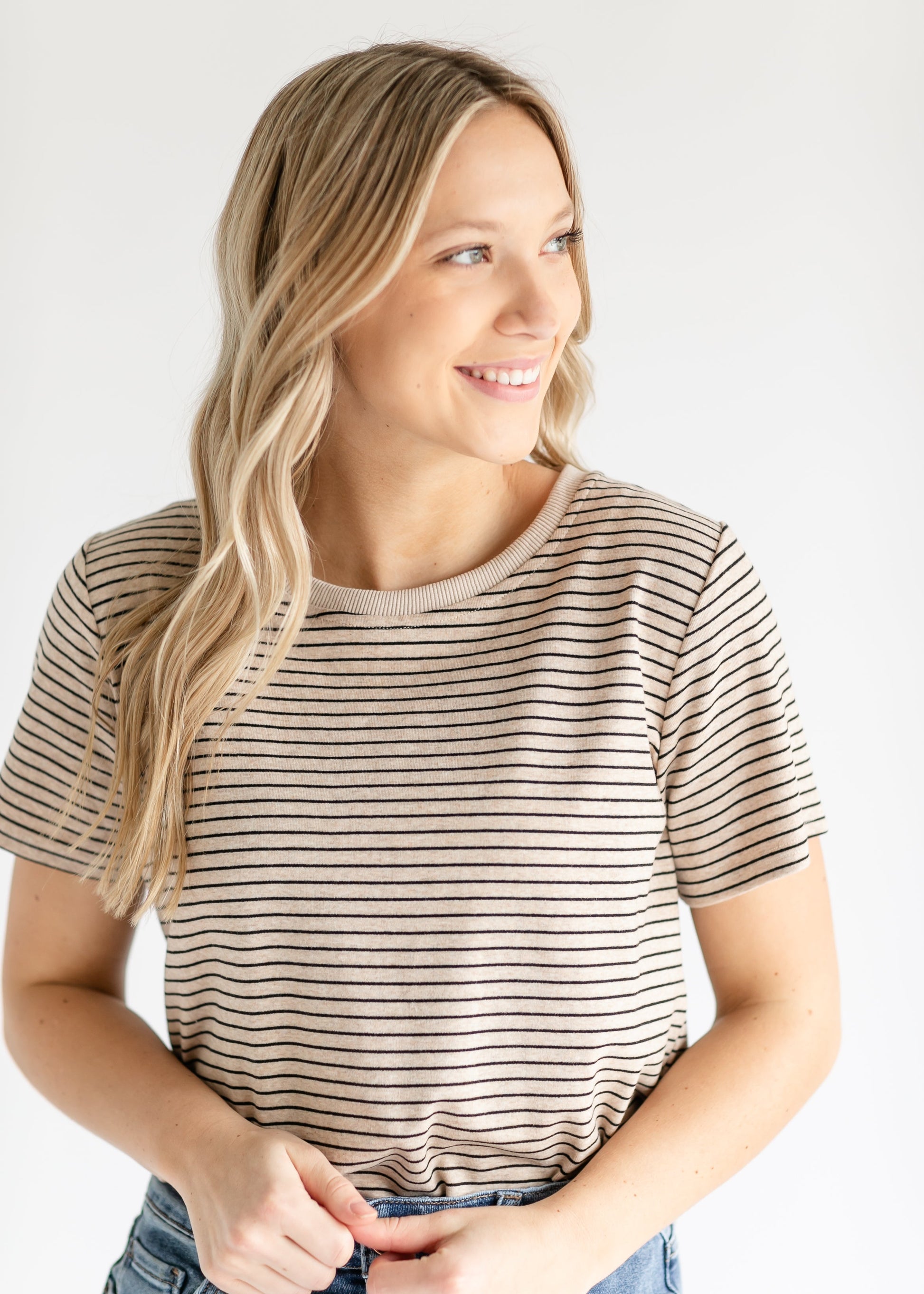 Striped Short Sleeve Knit Top FF Tops Taupe / S