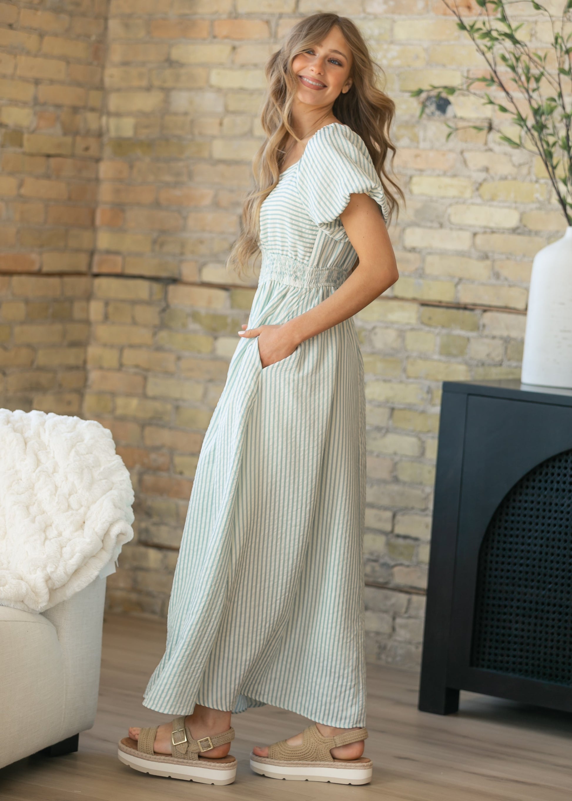 Striped Smocked Sweetheart Maxi Dress, Large