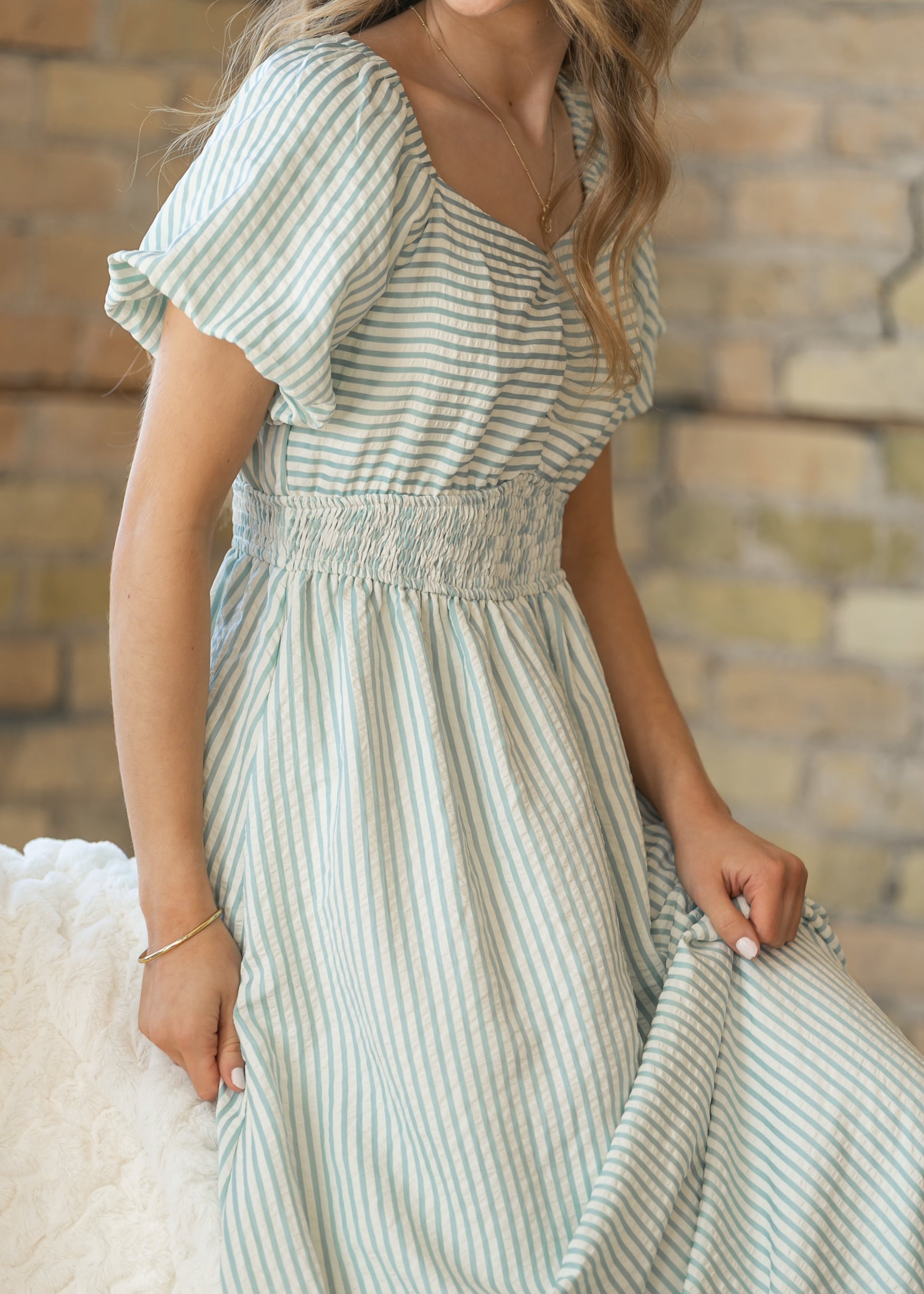 smocked formal dress Kolin Striped Smocked Midi Dress BLUE-WHITE / XL by Sugarlips