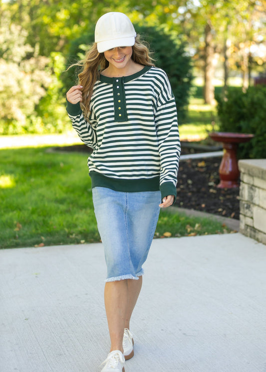 Striped Snap Front Henley Sweatshirt FF Tops