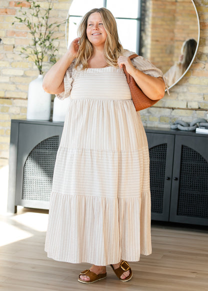 Striped Square Neck Tie Sleeve Maxi Dress FF Dresses