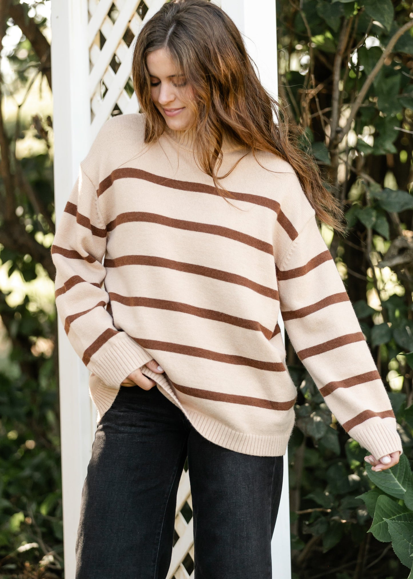 Striped Taupe Turtleneck Sweater FF Tops