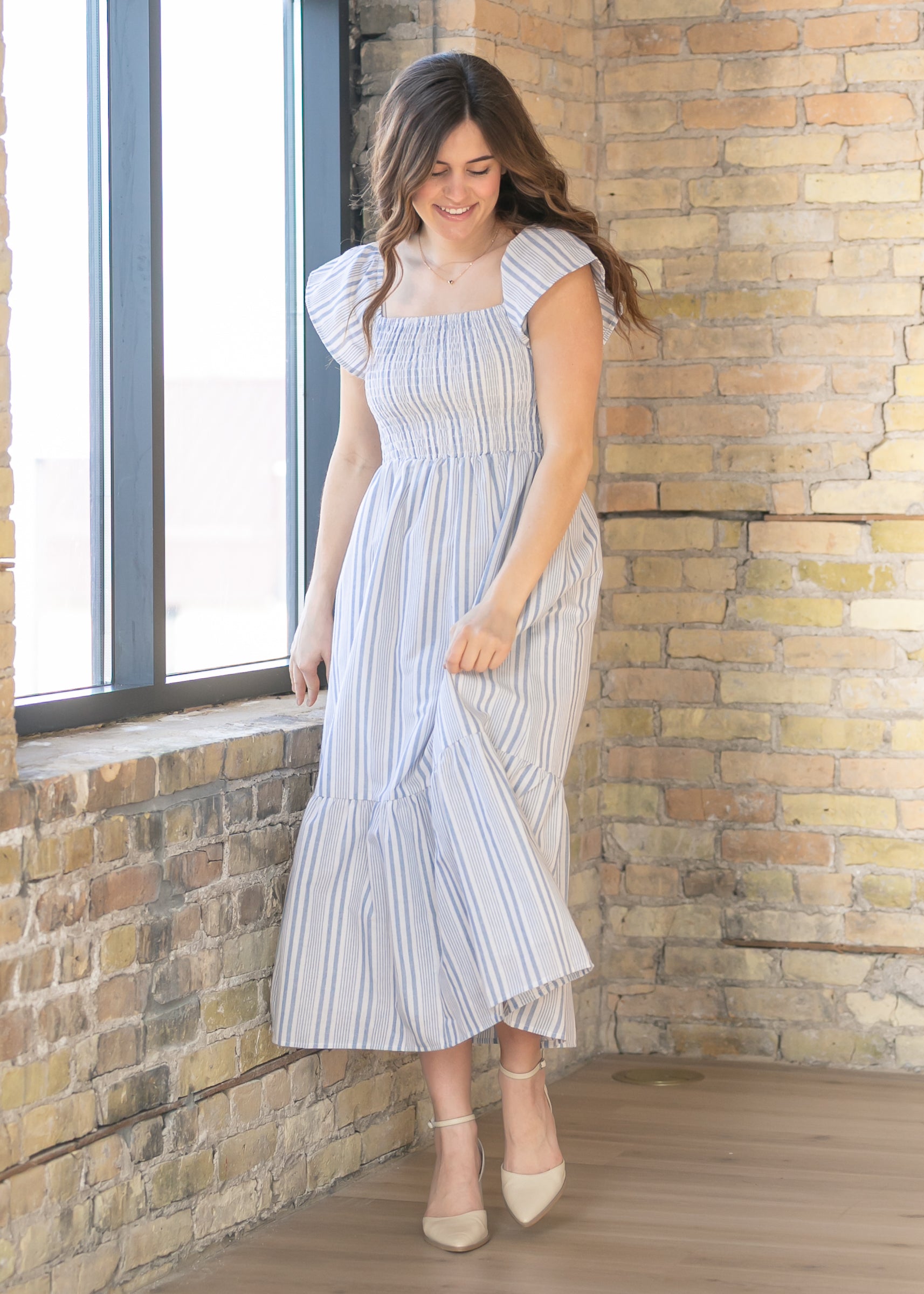 Summer Blue Stripe Flutter Sleeve Midi Dress, Large Summer Blue Stripe Flutter Sleeve Midi Dress, Large
