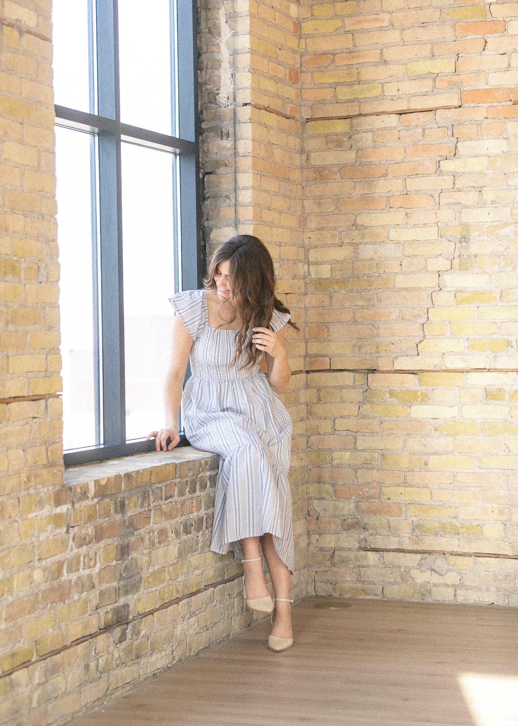 Summer Blue Stripe Flutter Sleeve Midi Dress Inherit Co. Summer Blue Stripe Flutter Sleeve Midi Dress Inherit Co.