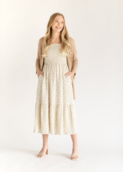 Summer Cap Sleeve Floral Smocked Midi Dress IC Dresses Ivory Taupe Floral / XS