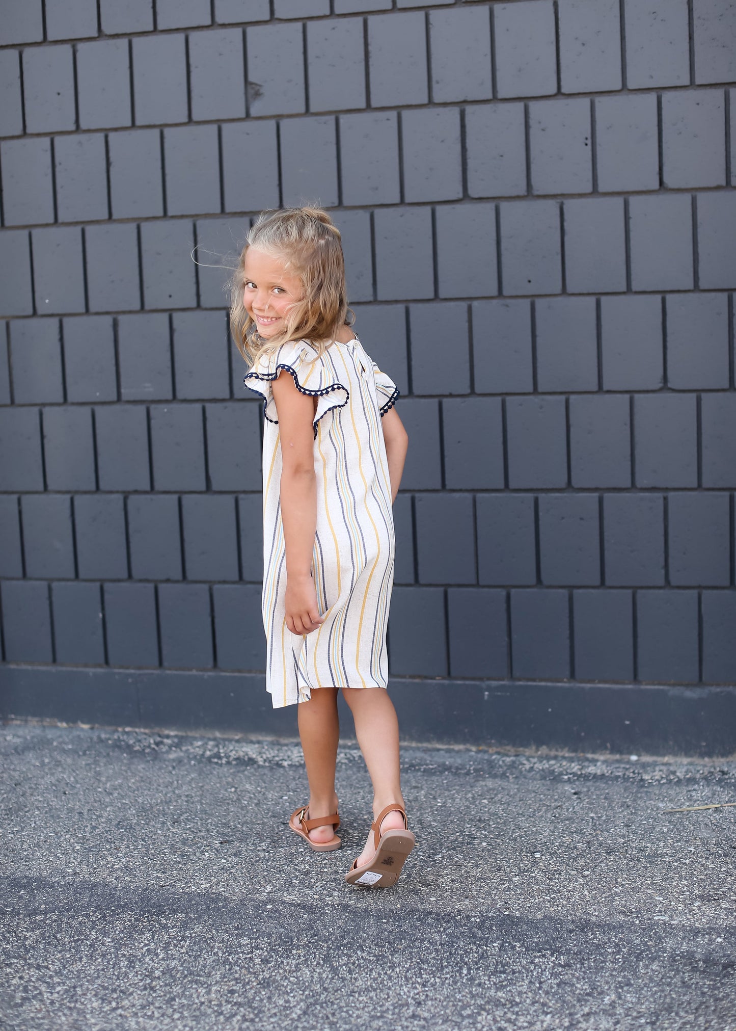 Sun Striped Ruffle Sleeve Midi Dress Dresses