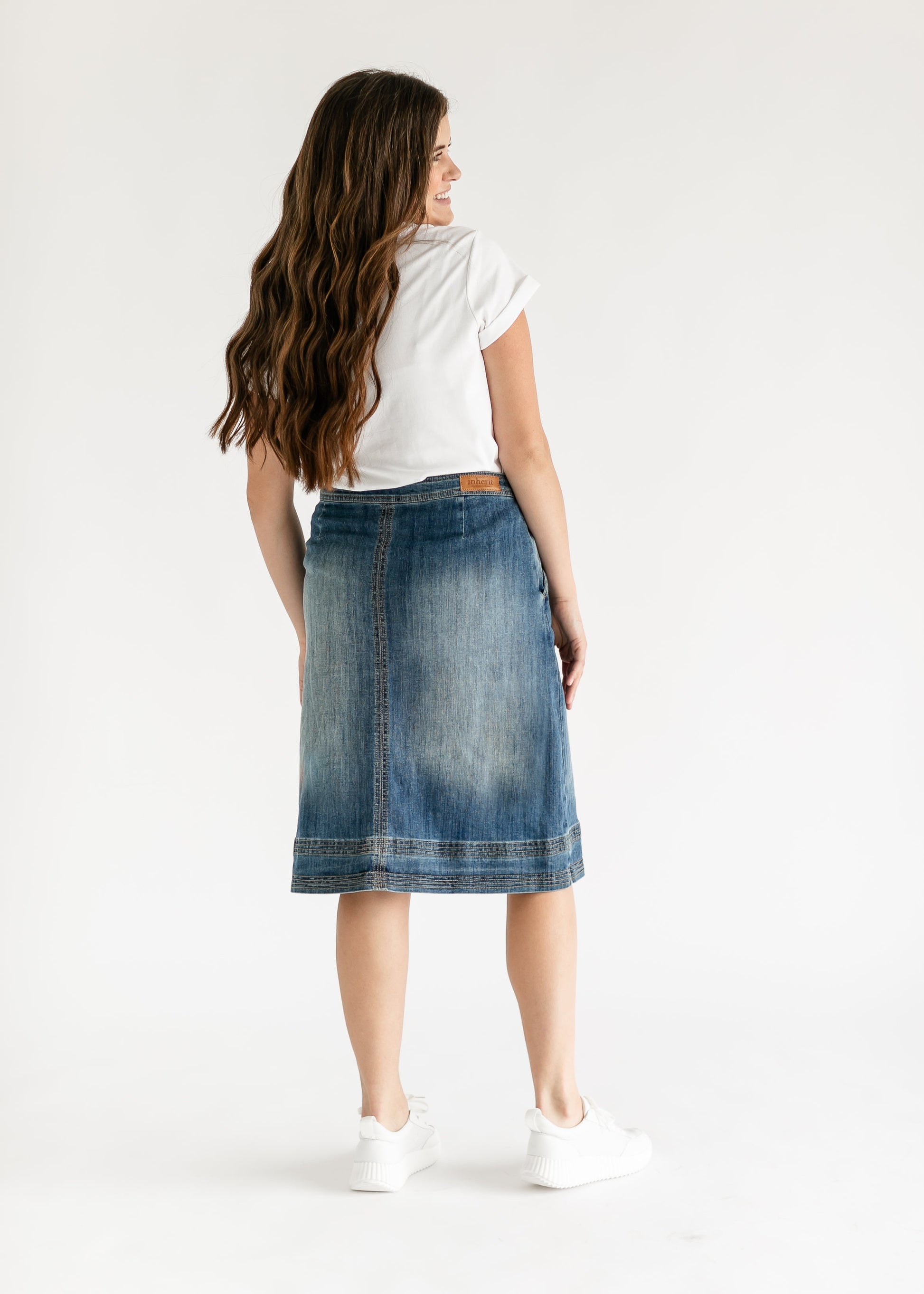 Sutton Side Zip A-line Denim Midi Skirt IC Skirts