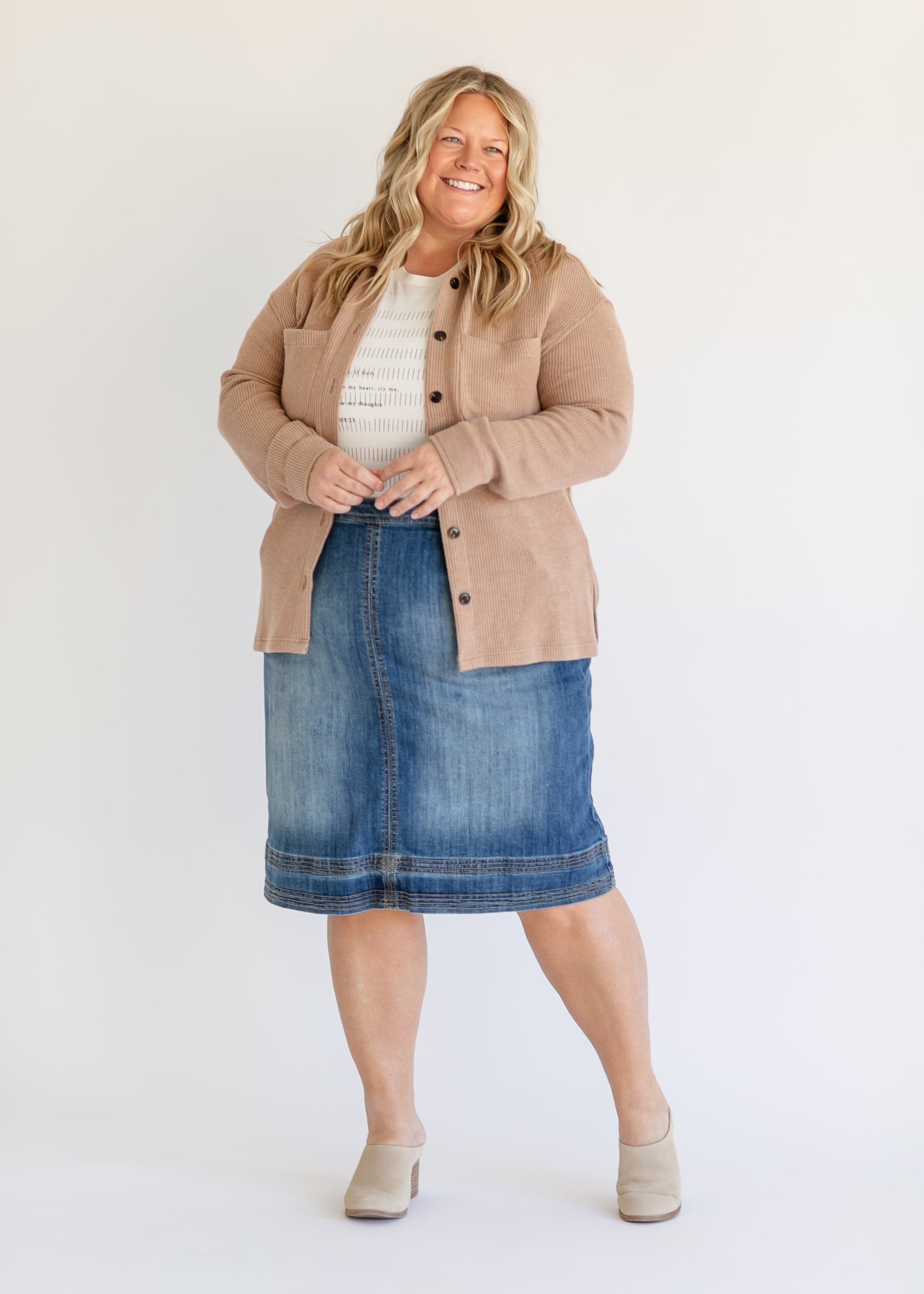 Sutton Side Zip A-line Denim Midi Skirt FINAL SALE – Inherit