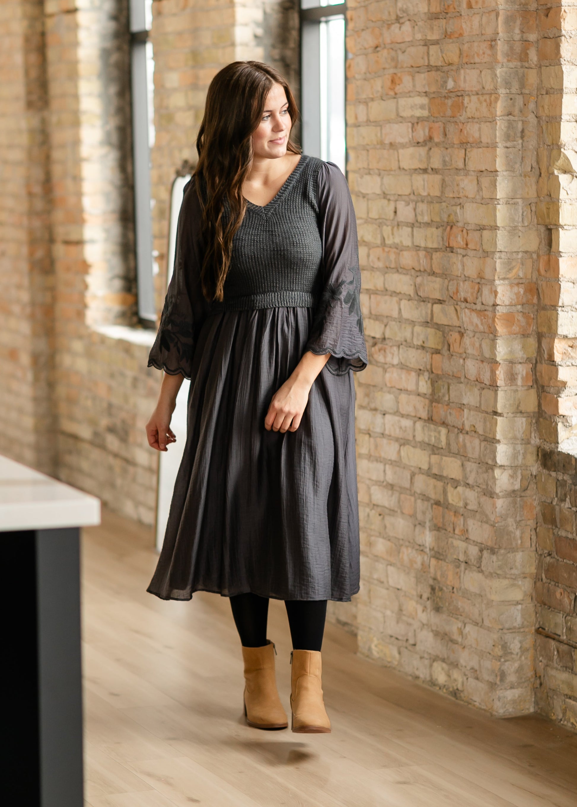 Sweater Mix Embroidered Long Sleeve Midi Dress FINAL SALE