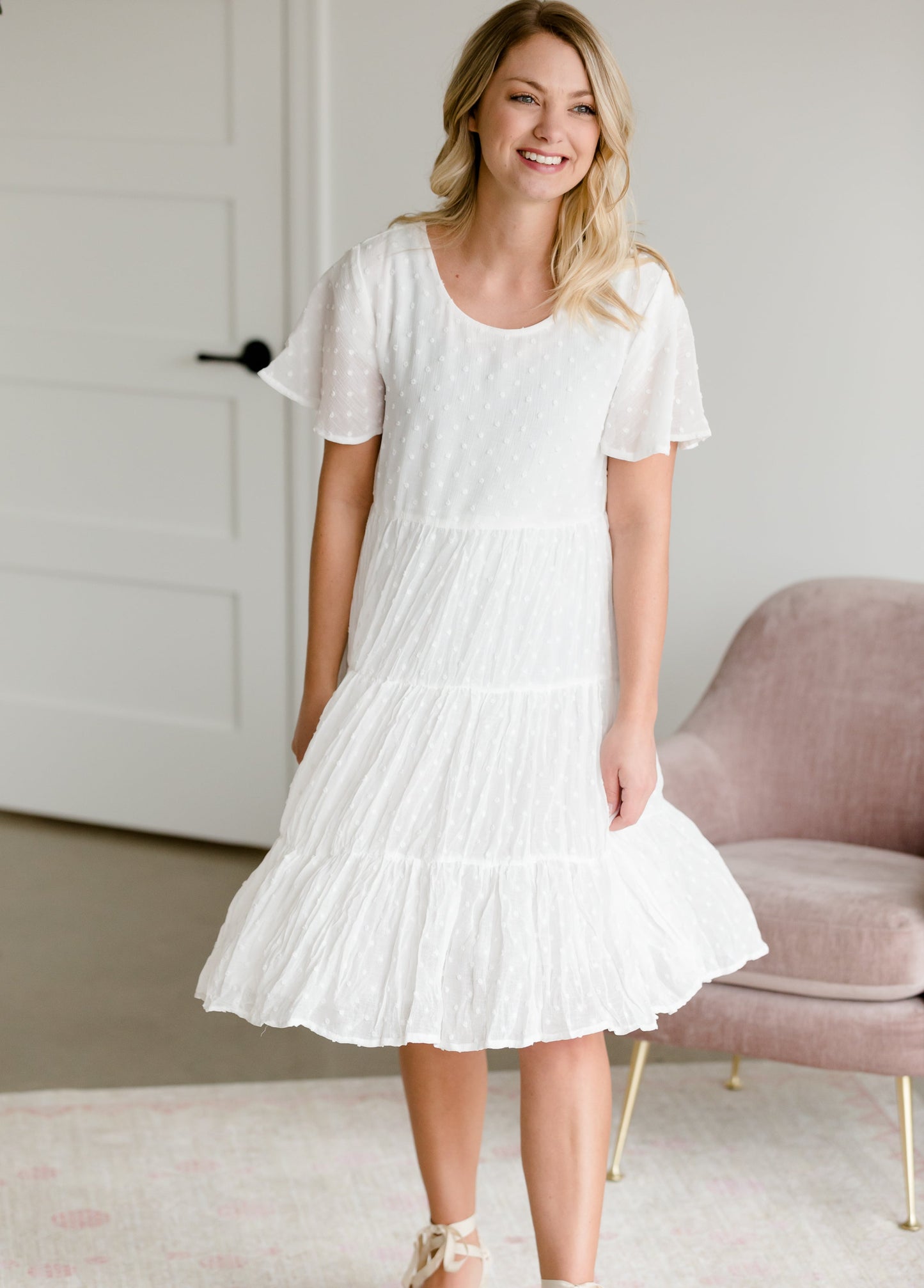 Swiss Dot Ivory Tiered Midi Dress - FINAL SALE Dresses