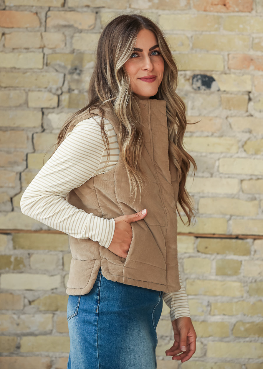Taupe Corduroy Puffer Vest FF Layering Essentials