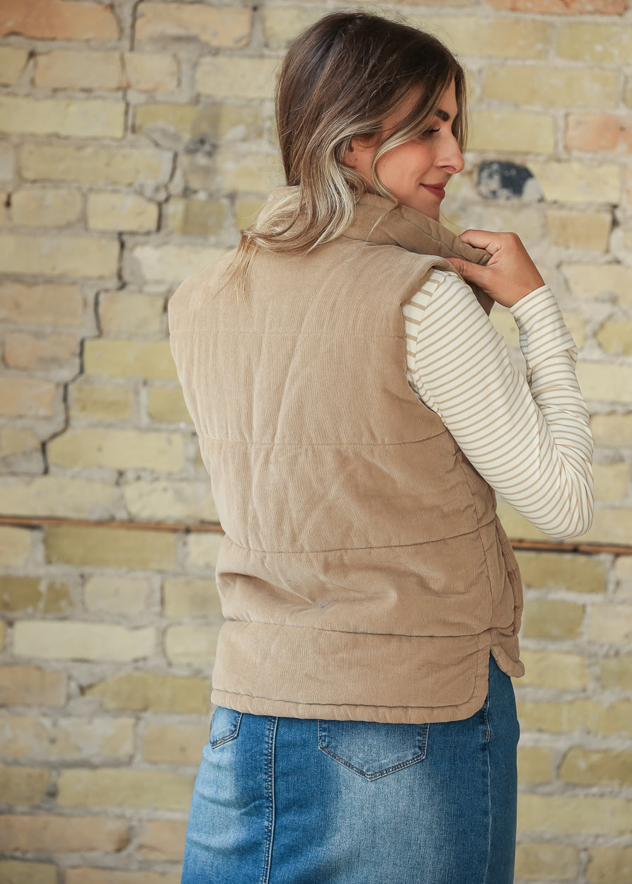 Taupe Corduroy Puffer Vest FF Layering Essentials