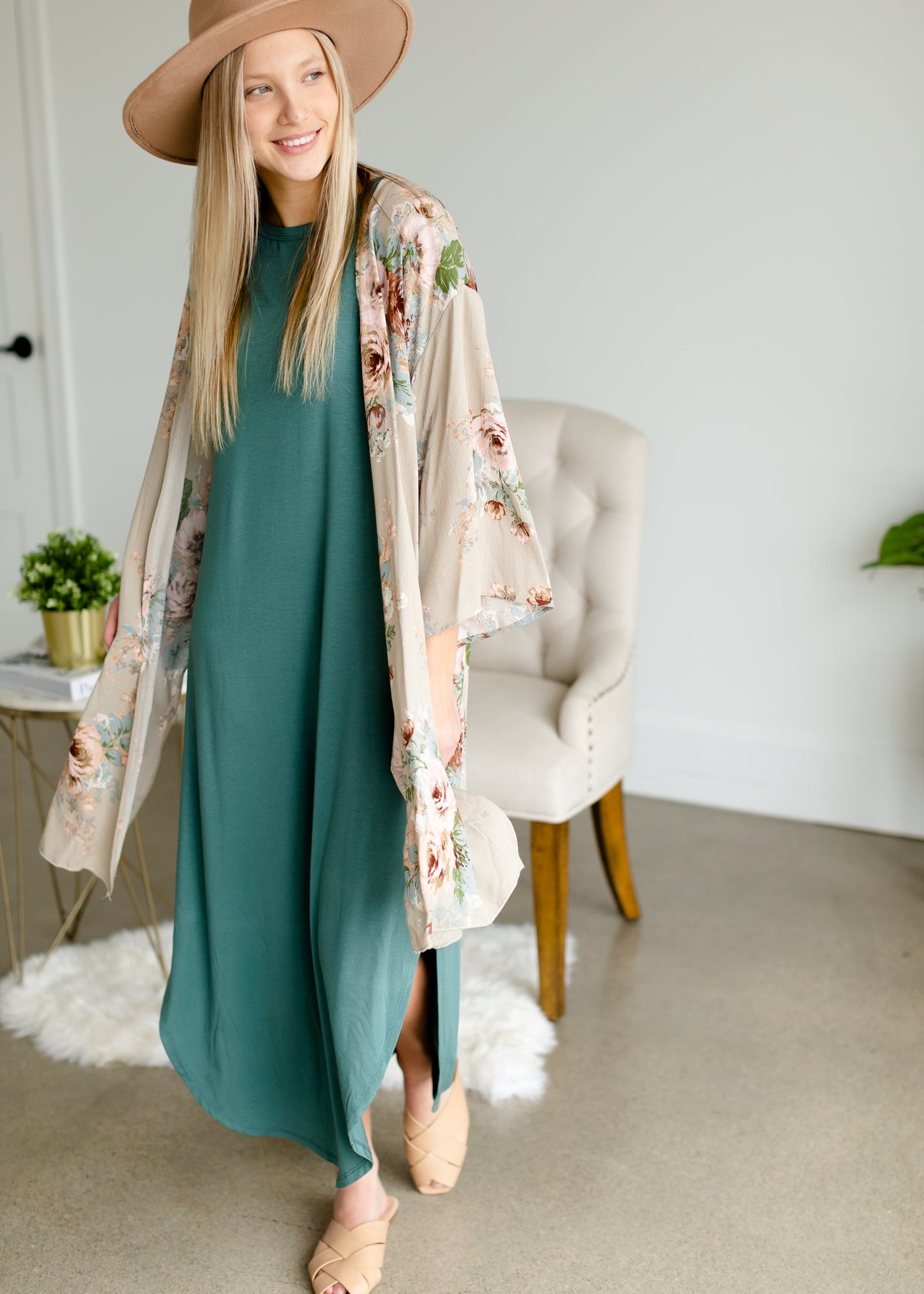 Taupe Floral Print Kimono - FINAL SALE Tops