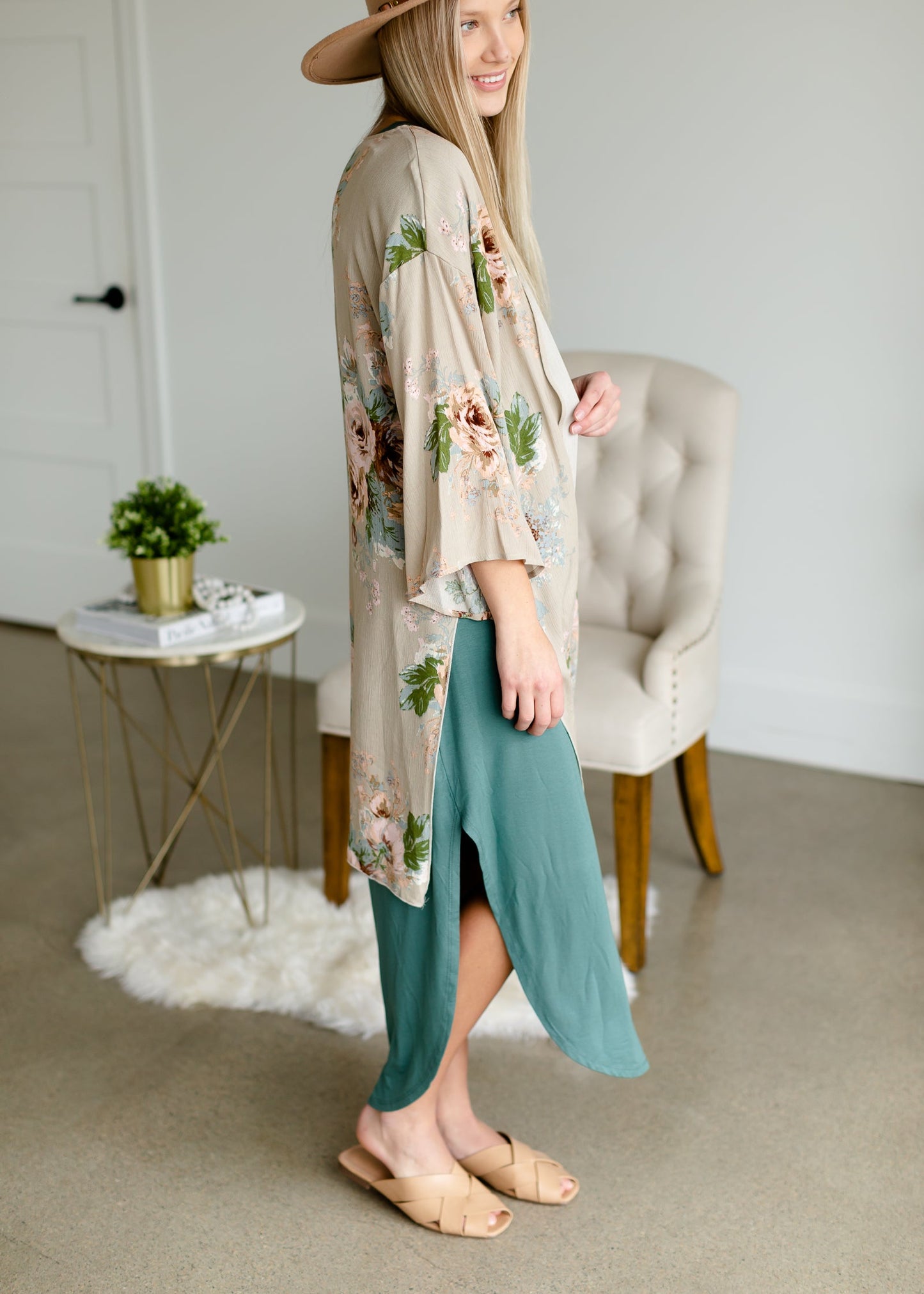 Taupe Floral Print Kimono - FINAL SALE Tops