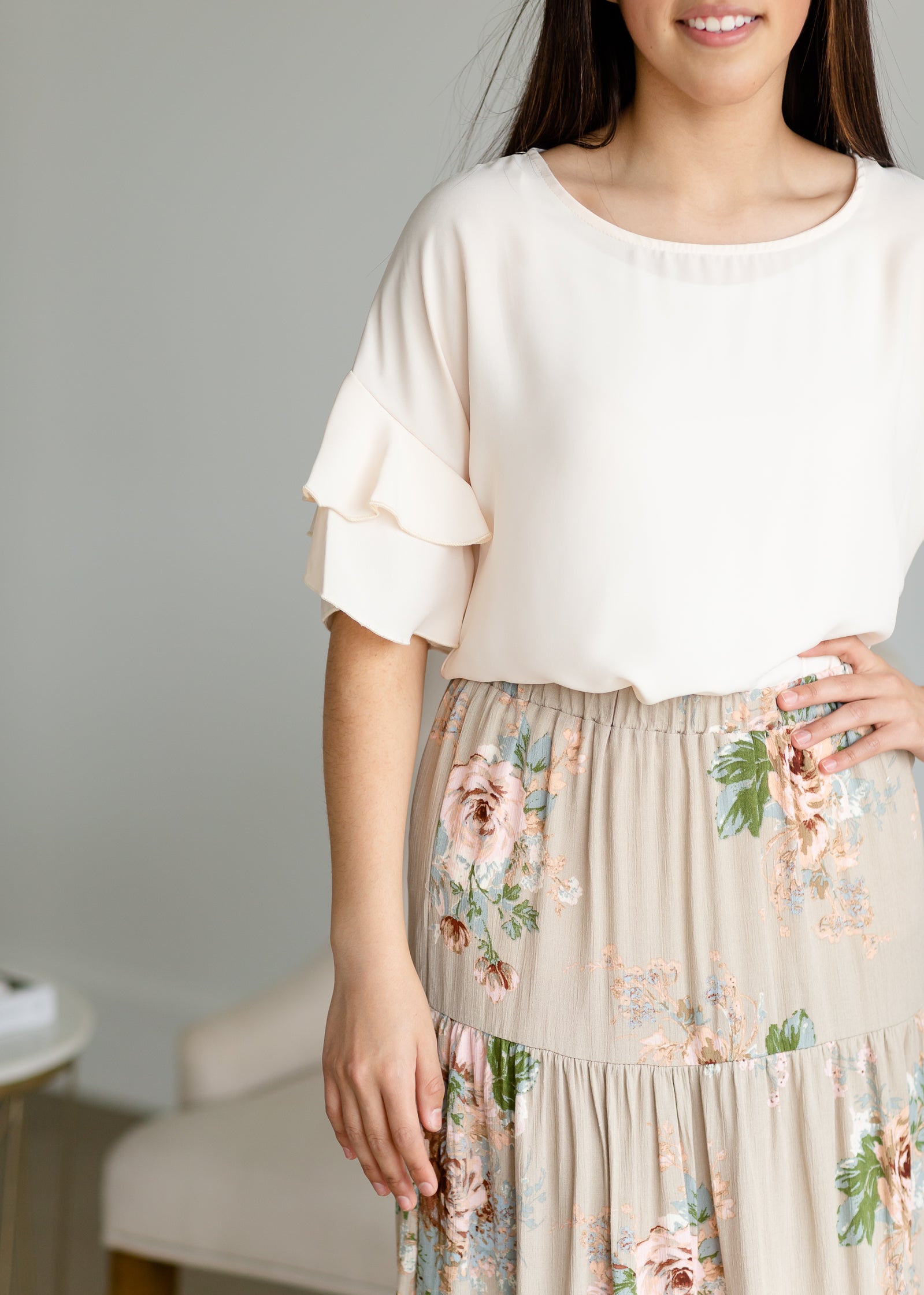 Taupe Floral Print Tiered Skirt Skirts